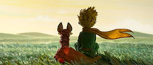 cartoon character boy and animal sitting on green grass HD wallpaper