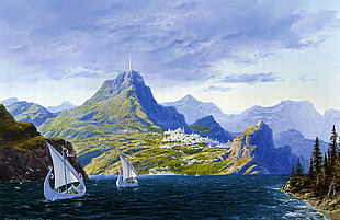 two white sail boats, The Lord of the Rings, elves, landscape