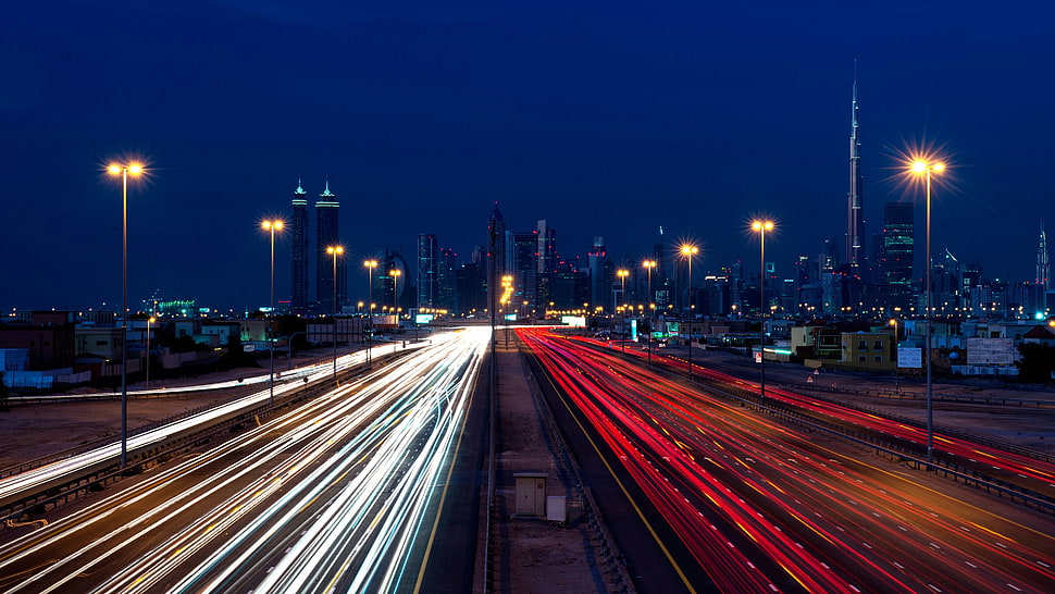 street lamps, Dubai, nightscape, long exposure, traffic HD wallpaper