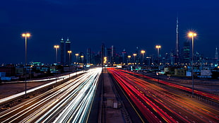 street lamps, Dubai, nightscape, long exposure, traffic HD wallpaper