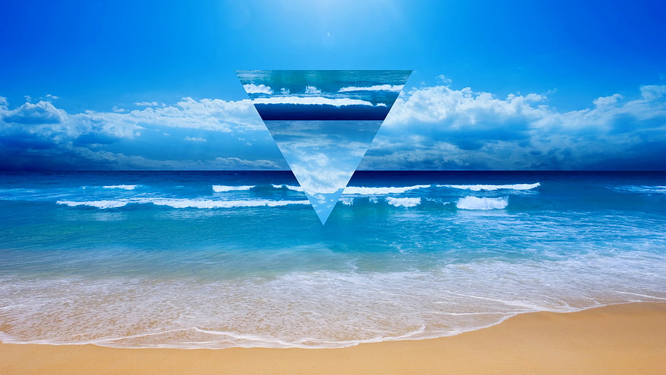 blue sea and brown shore, geometry, triangle, shapes HD wallpaper