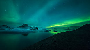 aurora borealis, landscape, mountains, night, lake