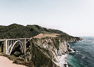 brown arch bridge, nature, bridge, water, beach