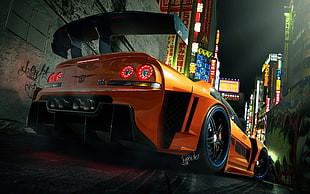 orange sports car, Nissan Skyline GT-R R34, sports car, digital art, Need for Speed HD wallpaper
