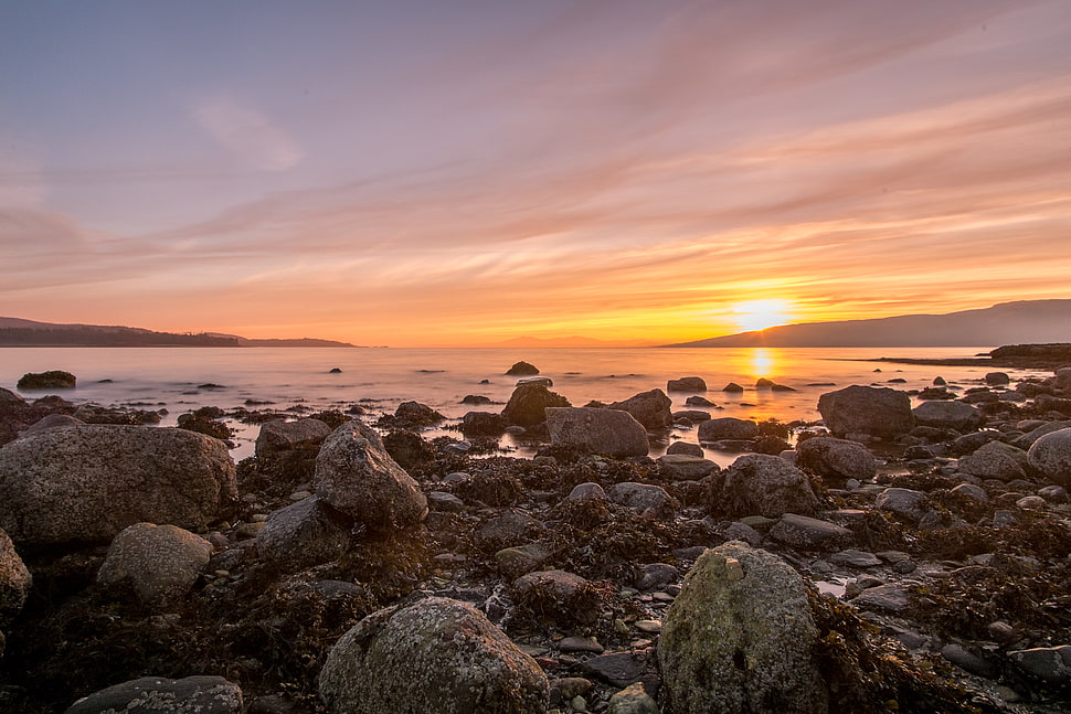 rocks beside sea shore HD wallpaper