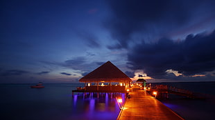 brown wooden hut, sea, Pacific Ocean, sunset, lights