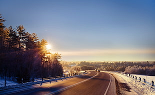 black and white house near body of water painting, sunlight, winter, landscape, road