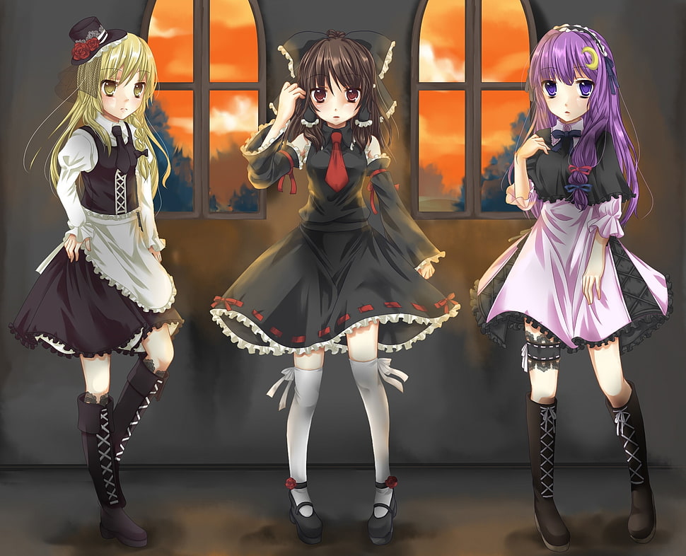 three girl anime characters poster HD wallpaper
