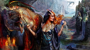 gray and orange dragon illustration, fantasy art, dragon