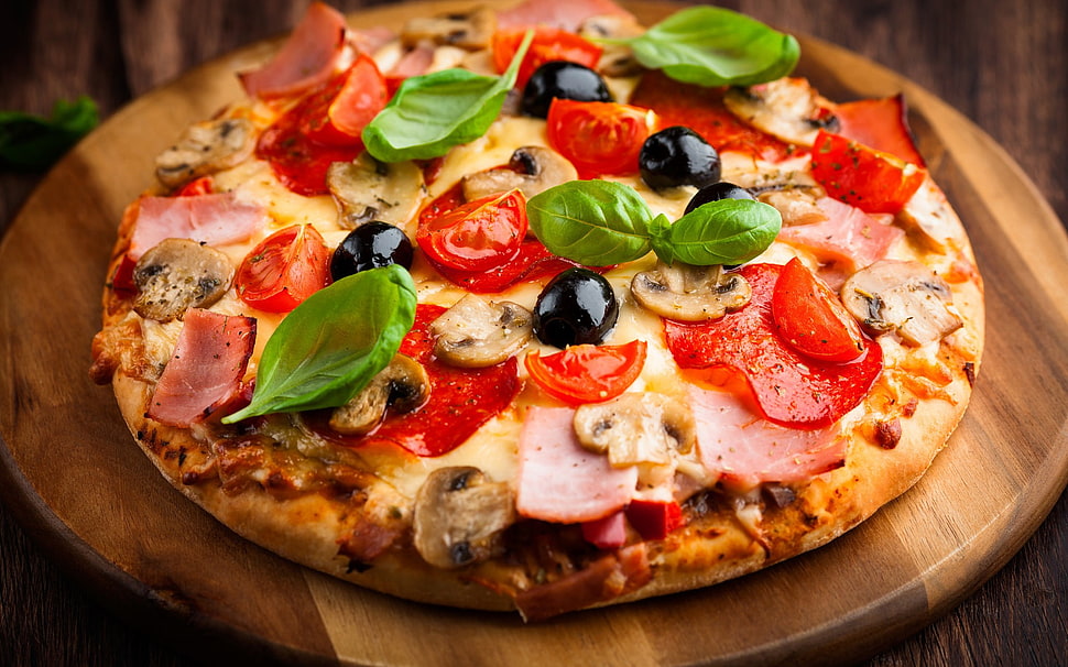 pepperoni pizza on wooden tray HD wallpaper