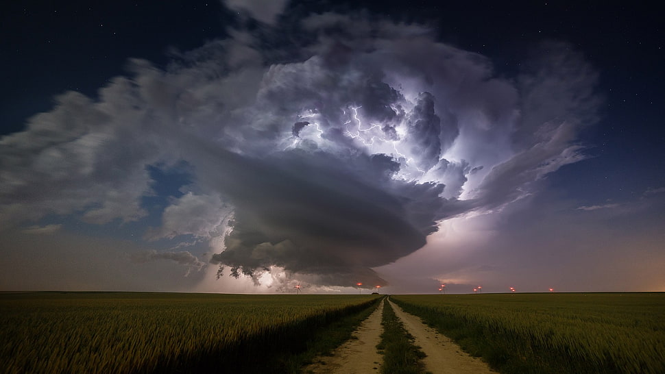 green grass field, nature, landscape, clouds, supercell (nature) HD wallpaper