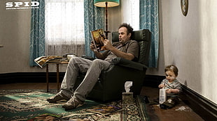 black leather armchair, artwork, baby, men HD wallpaper