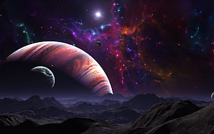 photo of three planets, galaxy, and mountains illustration, landscape, planet, science fiction, fantasy art