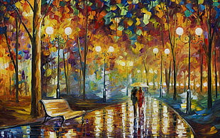 painting of couple walking on street surrounded with trees while holding umbrella, painting, park, rain, trees