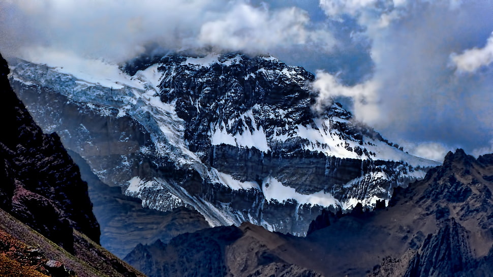 photography of mountain with snow under cloudy sky during daytime, aconcagua HD wallpaper