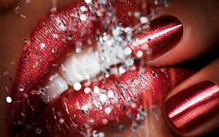 woman red lips with glitters HD wallpaper