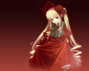 anime girl character with blonde hair wearing red dress