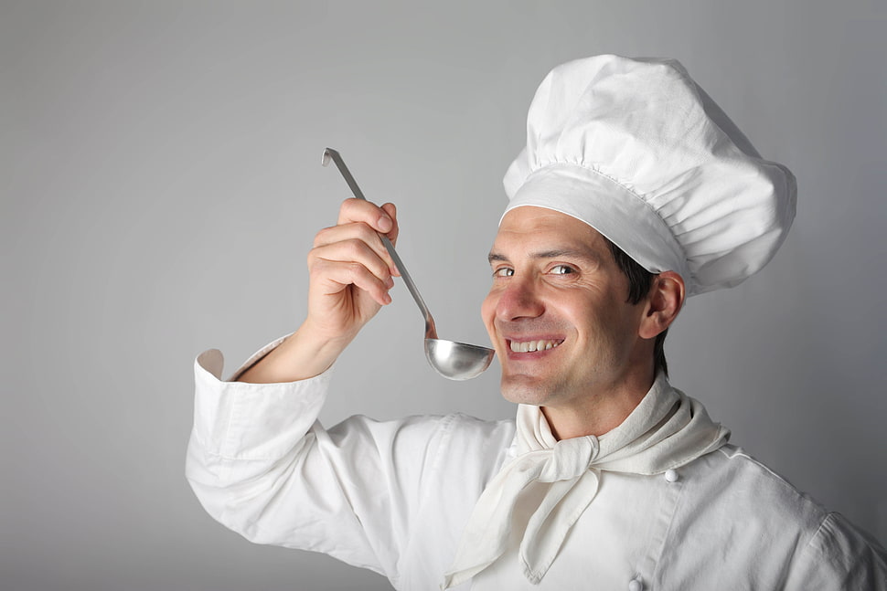 chef smiling while holding ladle HD wallpaper