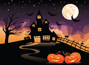 silhouette photo of Halloween-themed house during night time illustration HD wallpaper