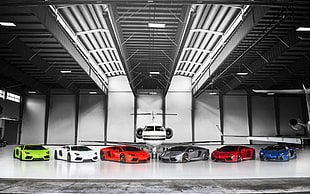 assorted-color Lamborghini cars, car, selective coloring, Lamborghini Aventador, hangar