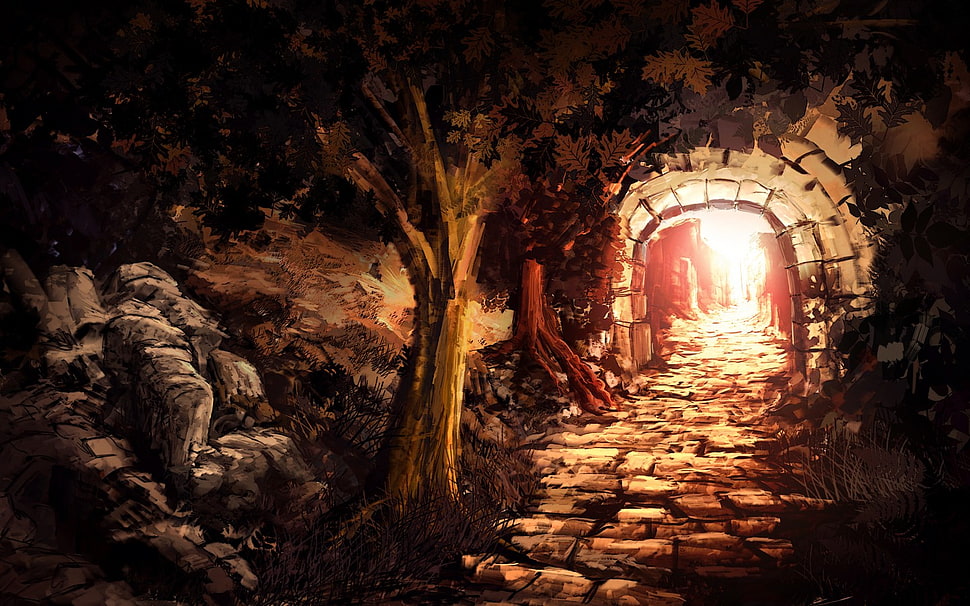 concrete pathway with trees illustration, artwork, trees HD wallpaper