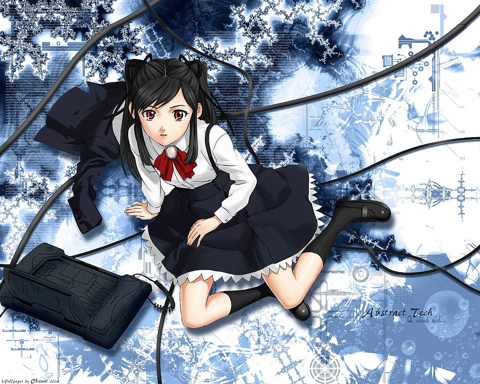 black haired anime girl in white collared long-sleeved top and blue skirt digital wallpaper HD wallpaper