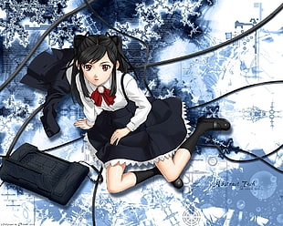 black haired anime girl in white collared long-sleeved top and blue skirt digital wallpaper