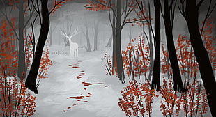 deer standing on alley between trees wallpaper, deer, blood, white, snow HD wallpaper