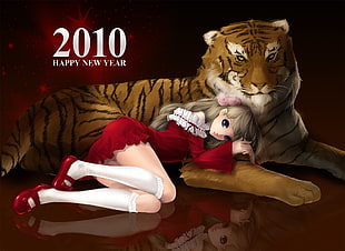 woman in red dress with brown tiger animation HD wallpaper