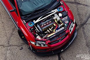 red Mitsubishi car engine block, Mitsubishi Lancer, Mitsubishi Lancer Evolution IX, Stance, StanceNation HD wallpaper