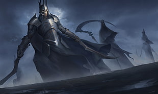 person wearing armor and holding sword character wallpaper, skeleton, scythe, sword, dark fantasy