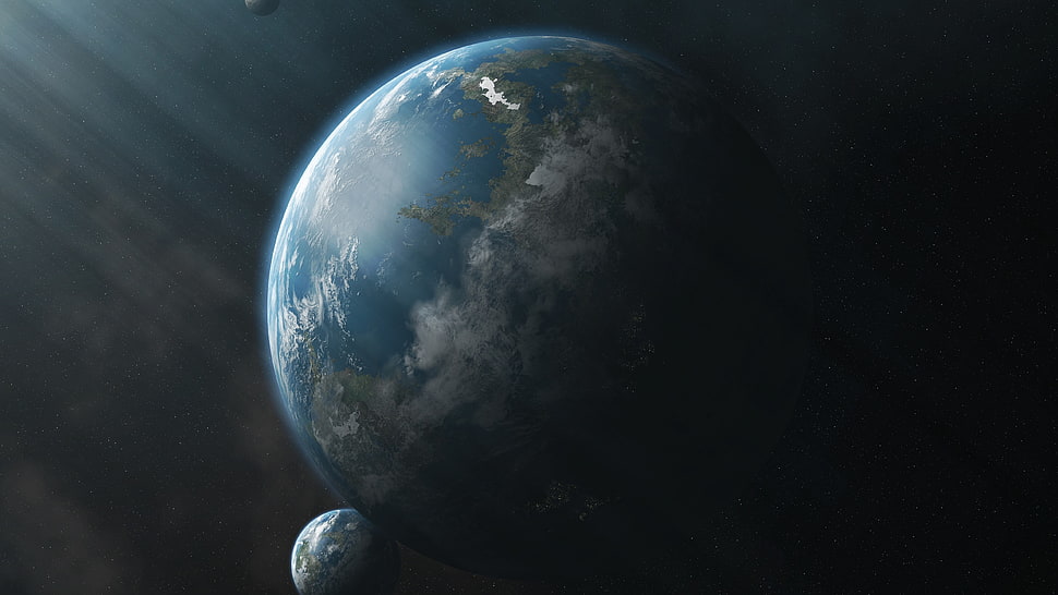 heavenly bodies illustration, space, planet, sun rays, render HD wallpaper