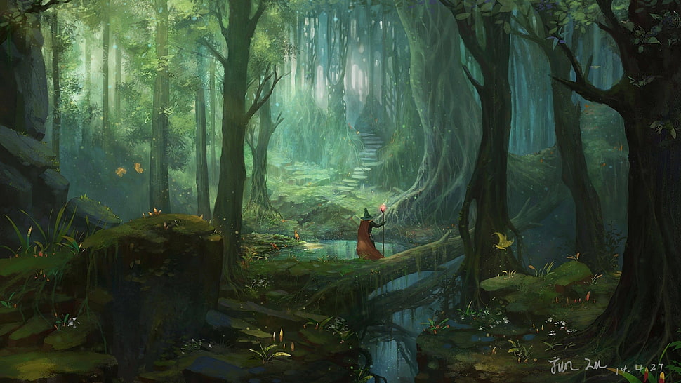 man walking on brown tree trunk painting HD wallpaper