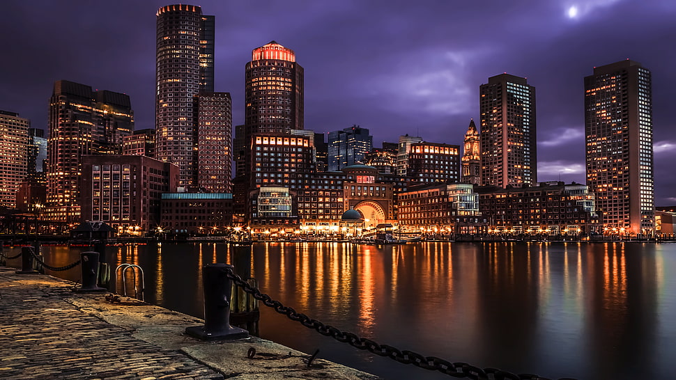 high-rise buildings, cityscape, USA, night, landscape HD wallpaper