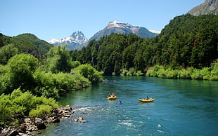 yellow kayak, turquoise, water, river, Chile HD wallpaper