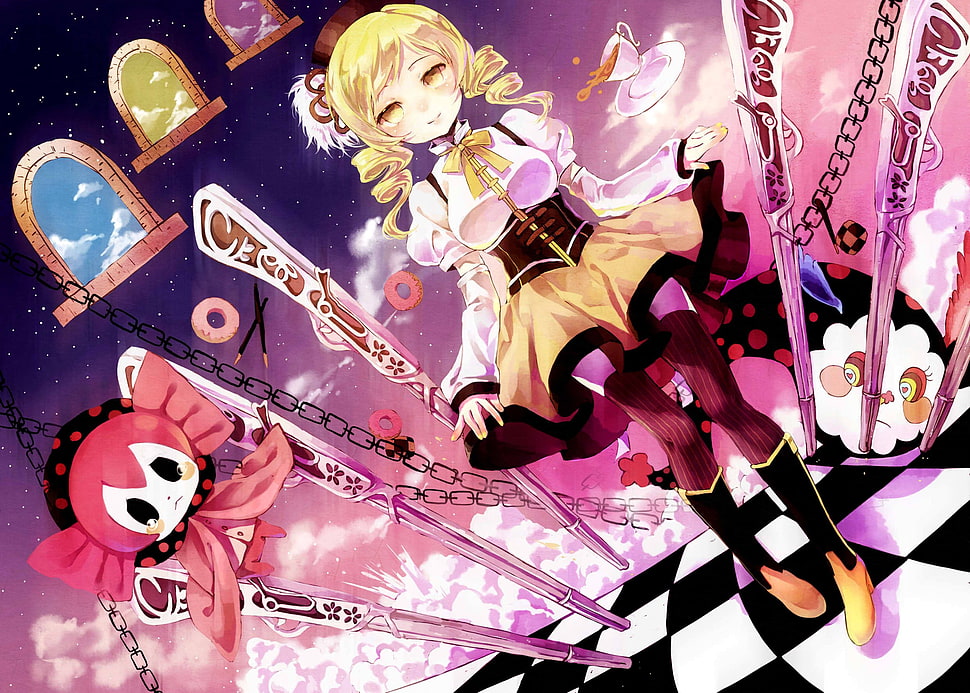 Lolita, Mahou Shoujo Madoka Magica, Tomoe Mami, gun, donut HD wallpaper