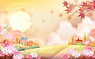 illustration of house on hills with flowers, fantasy art