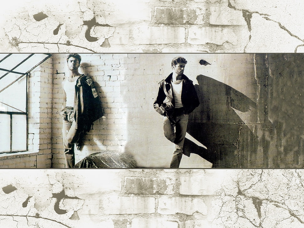 two men leaning on wall photo HD wallpaper