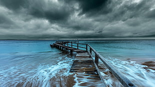 black and gray metal frame, sea, pier, clouds