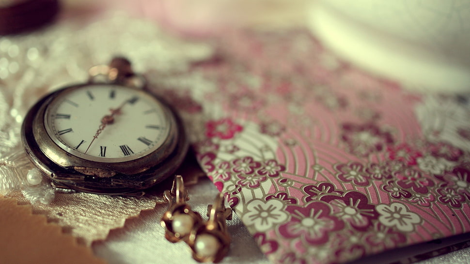 black and white floral ceramic table decor, watch, depth of field, pocket watch HD wallpaper