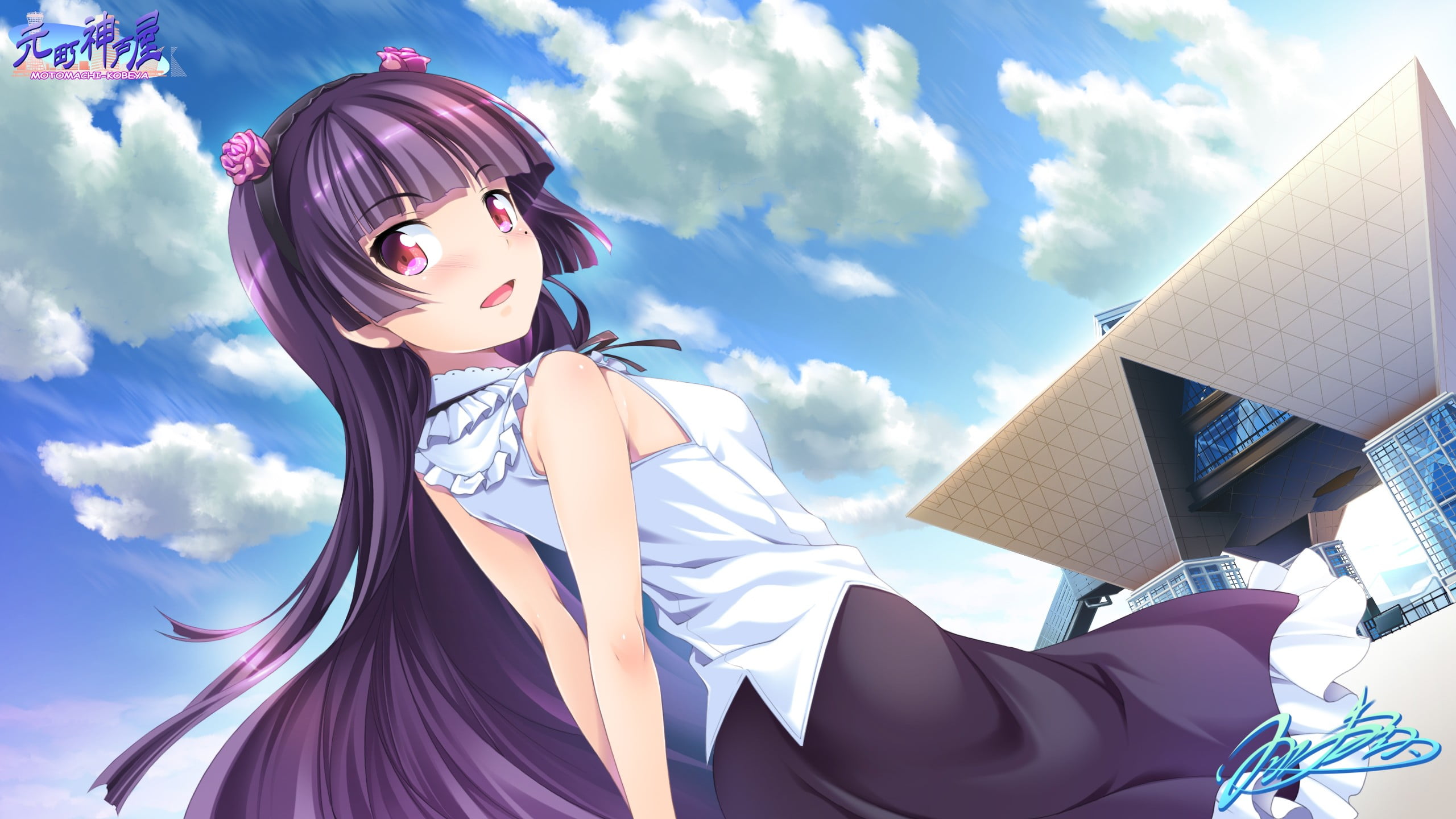 purple haired purple eyes female anime character with white sleeveless shirt and purple skirt