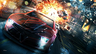 red and black sports car digital wallpaper, car, explosion