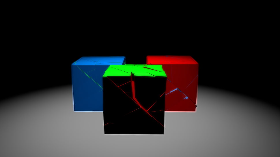 three blue, green, and red boxes digital wallpaper, cube, digital art, simple background, blue HD wallpaper