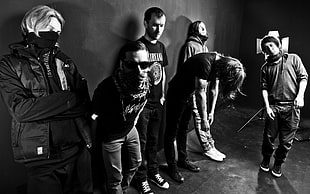 grayscale photo of six men leaning beside wall HD wallpaper