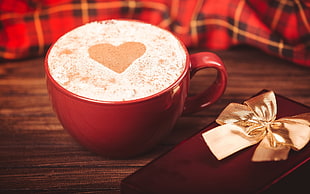 red and white ceramic mug, food, closeup, coffee, heart