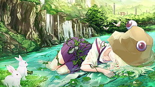 female witch lying on stream waters facing two white rabbits wallpaper, Touhou