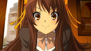 girl with brown hair wearing school uniform anime character
