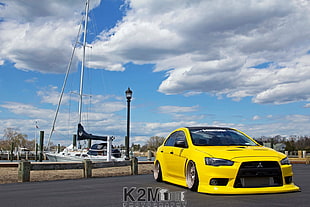 yellow Mitsubishi Lancer sedan, car, yellow cars, Mitsubishi Lancer Evo X, harbor HD wallpaper