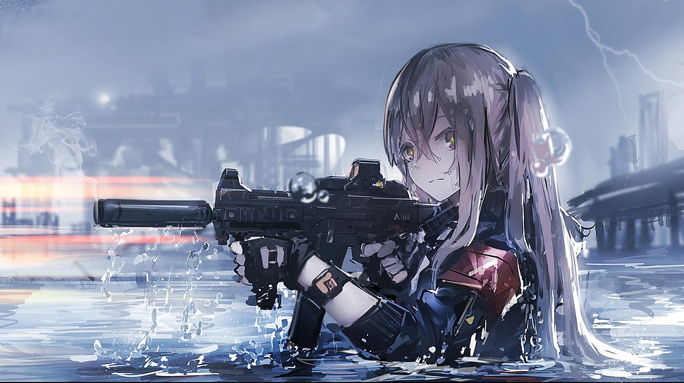 female anime character holding rifle wallpaper HD wallpaper