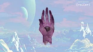 human hand with moons and mountains on background illustration, Porter Robinson, art installation, digital prints, music
